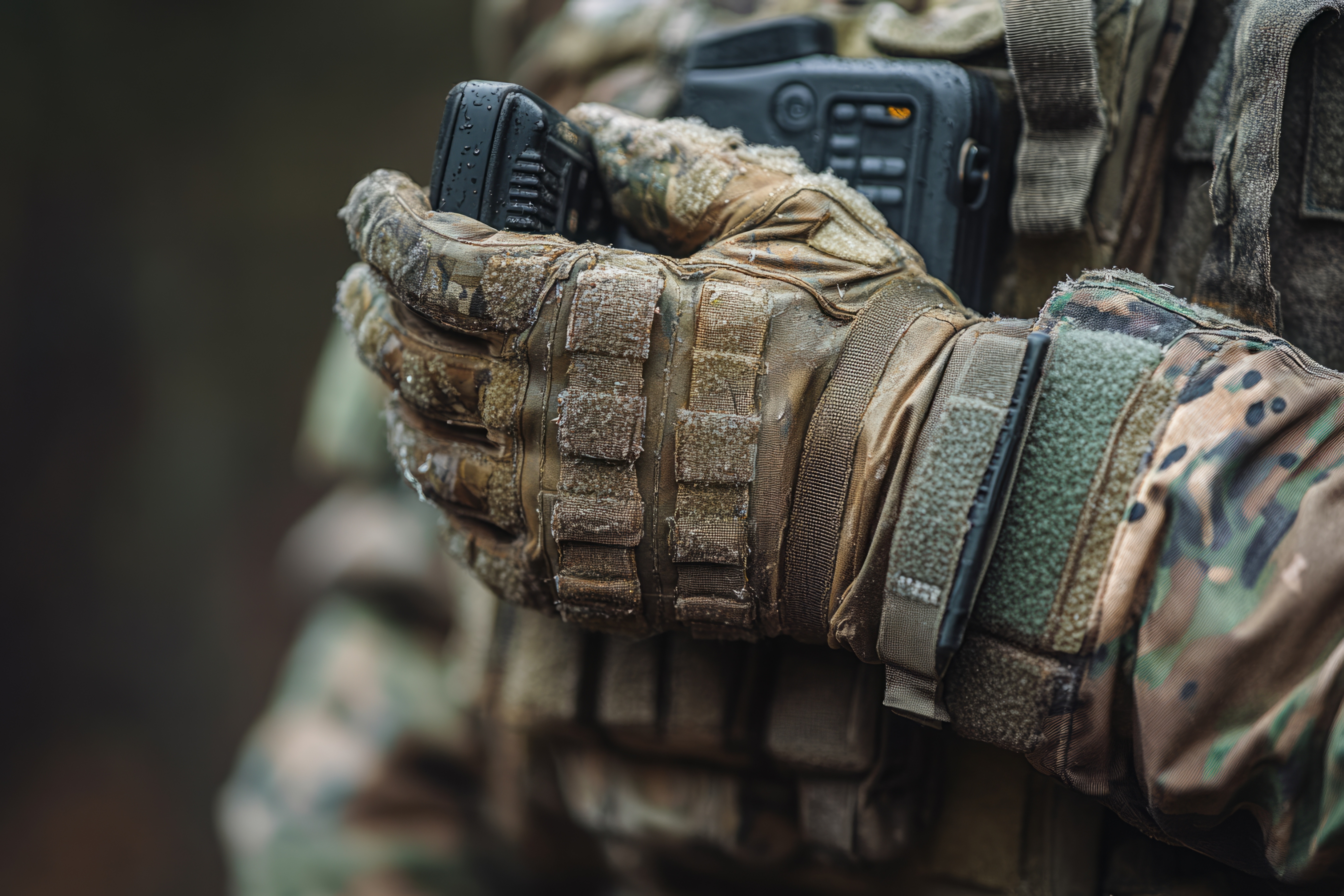 Close-up of frost-dusted tactical gloves gripping black communications equipment on a soldier's plate carrier.