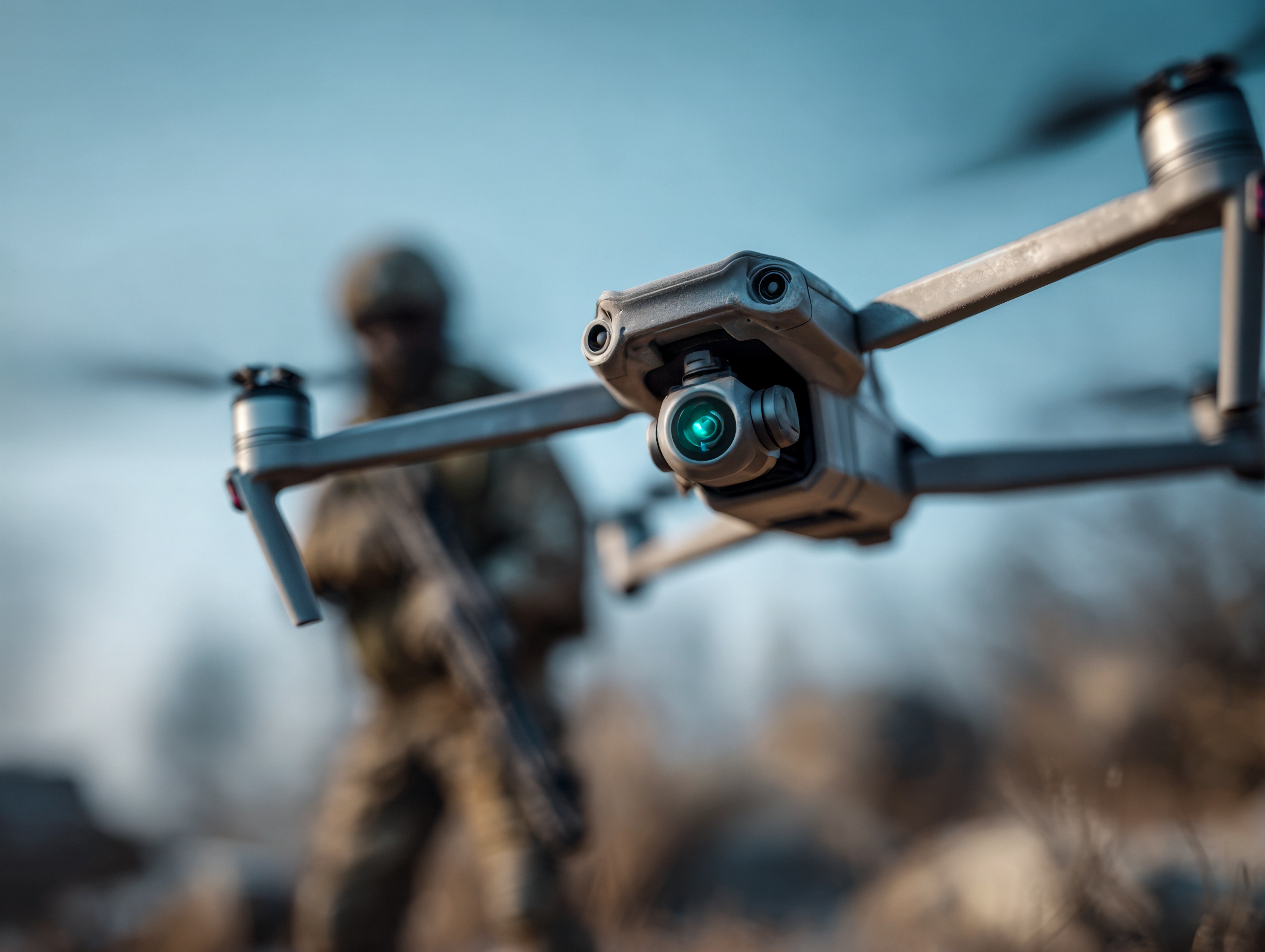 A grey reconnaissance quadcopter drone in flight, camera gimbal in focus, with a camouflaged operator blurred behind it against a cool blue sky.